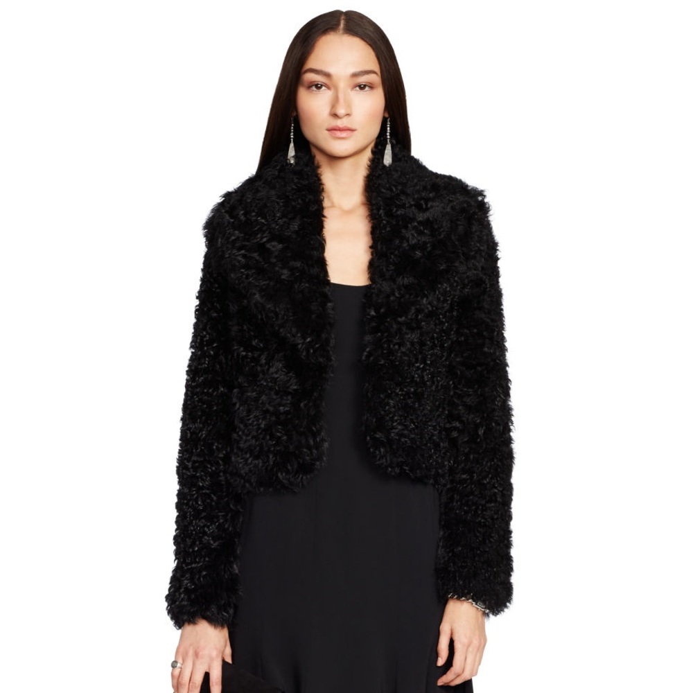 Ralph Lauren Black Label silk + leather lined Amarissa Shearling fur coat size 6
